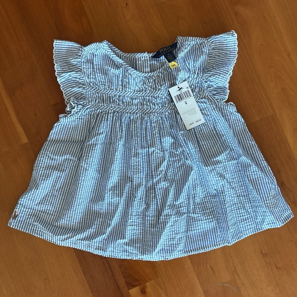 Polo Ralph Lauren Girls 8 Blue White Striped Seersucker Flutter Sleeve Top NWT